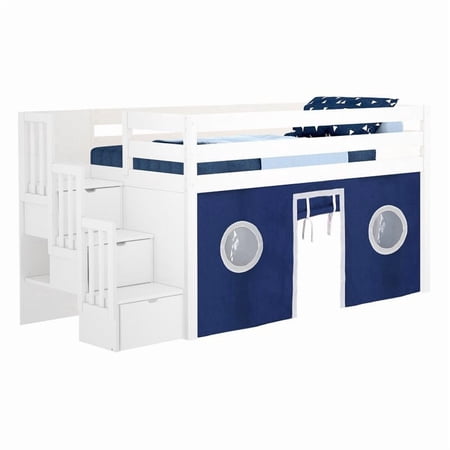 JACKPOT Solid Wood Low Loft Twin Bed with Stairway and Tent in White/Blue