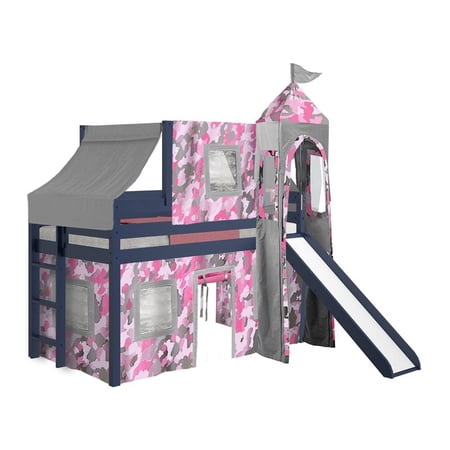 JACKPOT Solid Wood Prince & Princess Low Loft Twin Bed in Blue/Pink Camo