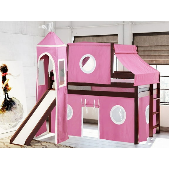 JACKPOT! Princess Low Loft Bed with Slide, Pink and White Tent and Tower, Twin, Cherry