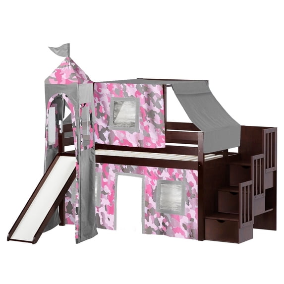 JACKPOT Solid Wood Prince & Princess Low Loft Bed in Cherry/Pink Camo
