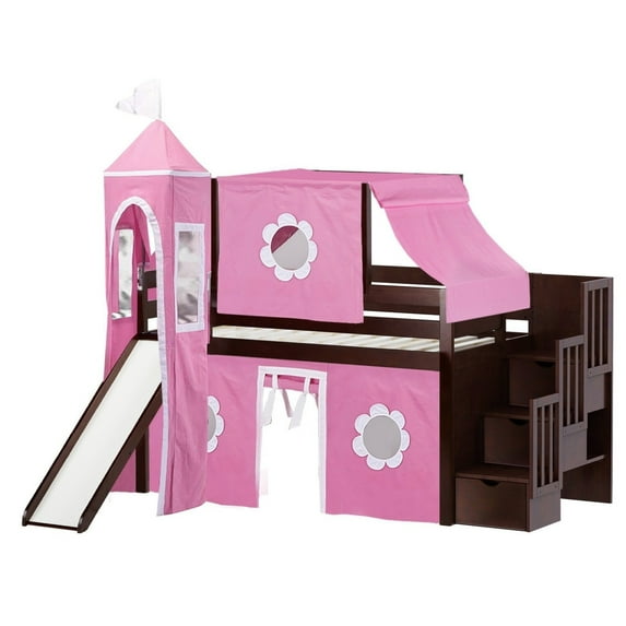 JACKPOT Solid Wood Prince & Princess Low Loft Bed in Cherry/Pink/White