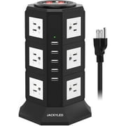 JACKYLED 12-Outlet Surge Protector 5 USB Power Strip Tower Heavy Duty 6.5 ft Long Extension Cord Black