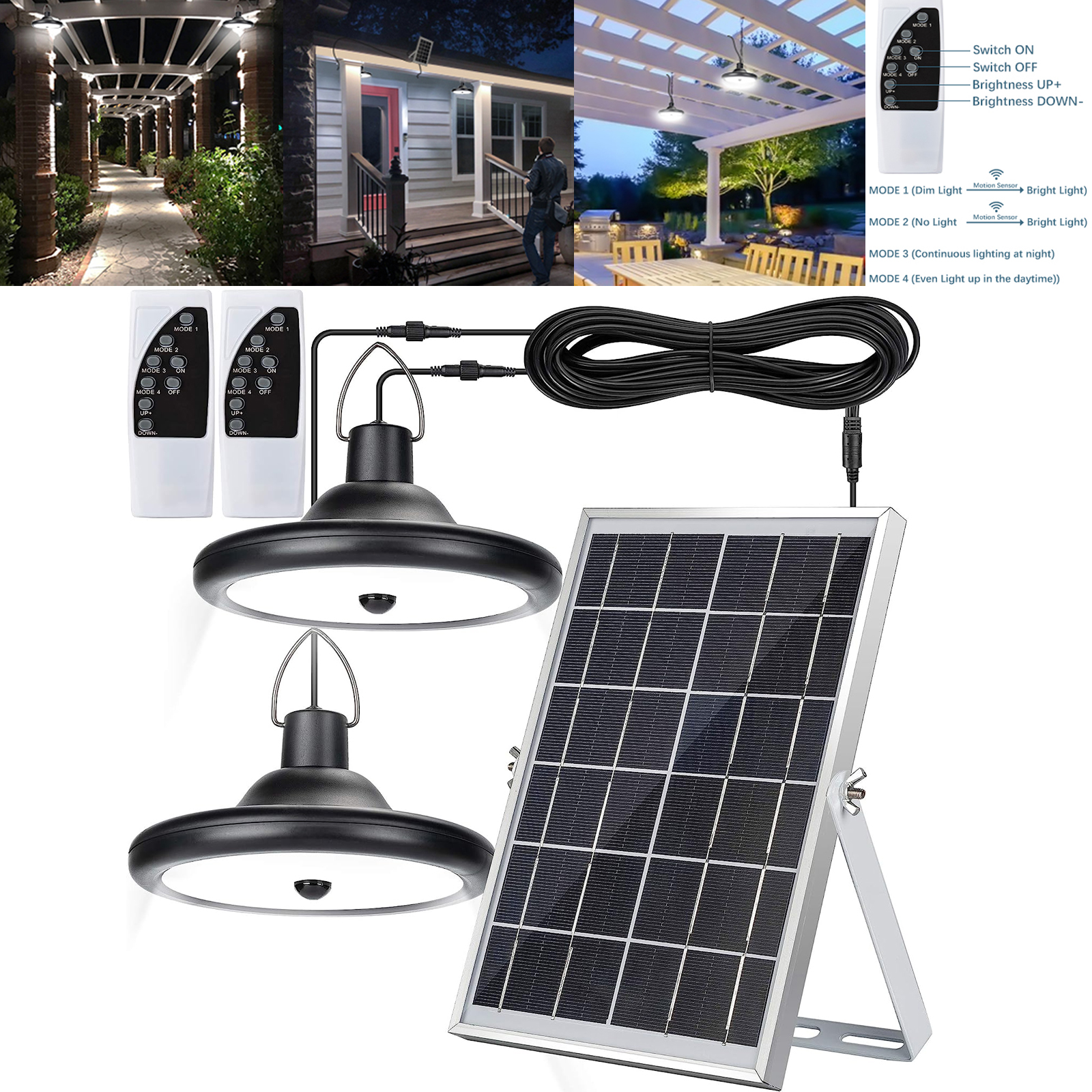 JACKYLED 2 Head Solar LED Pendant Light Motion Sensor Solar Shed Light 4 Modes Indoor Outdoor