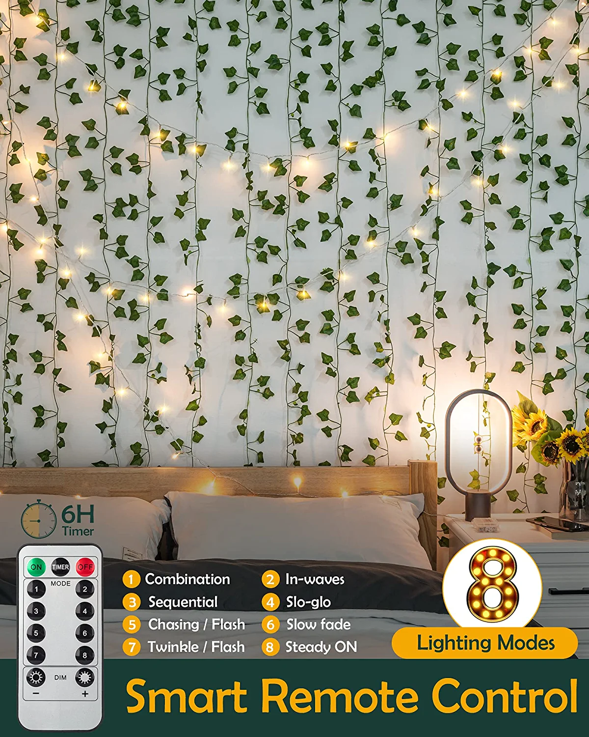 Ivy Vine Lights, Artificial Ivy Garland with LED String Lights, Hanging Leaves with Fairy Lights ...