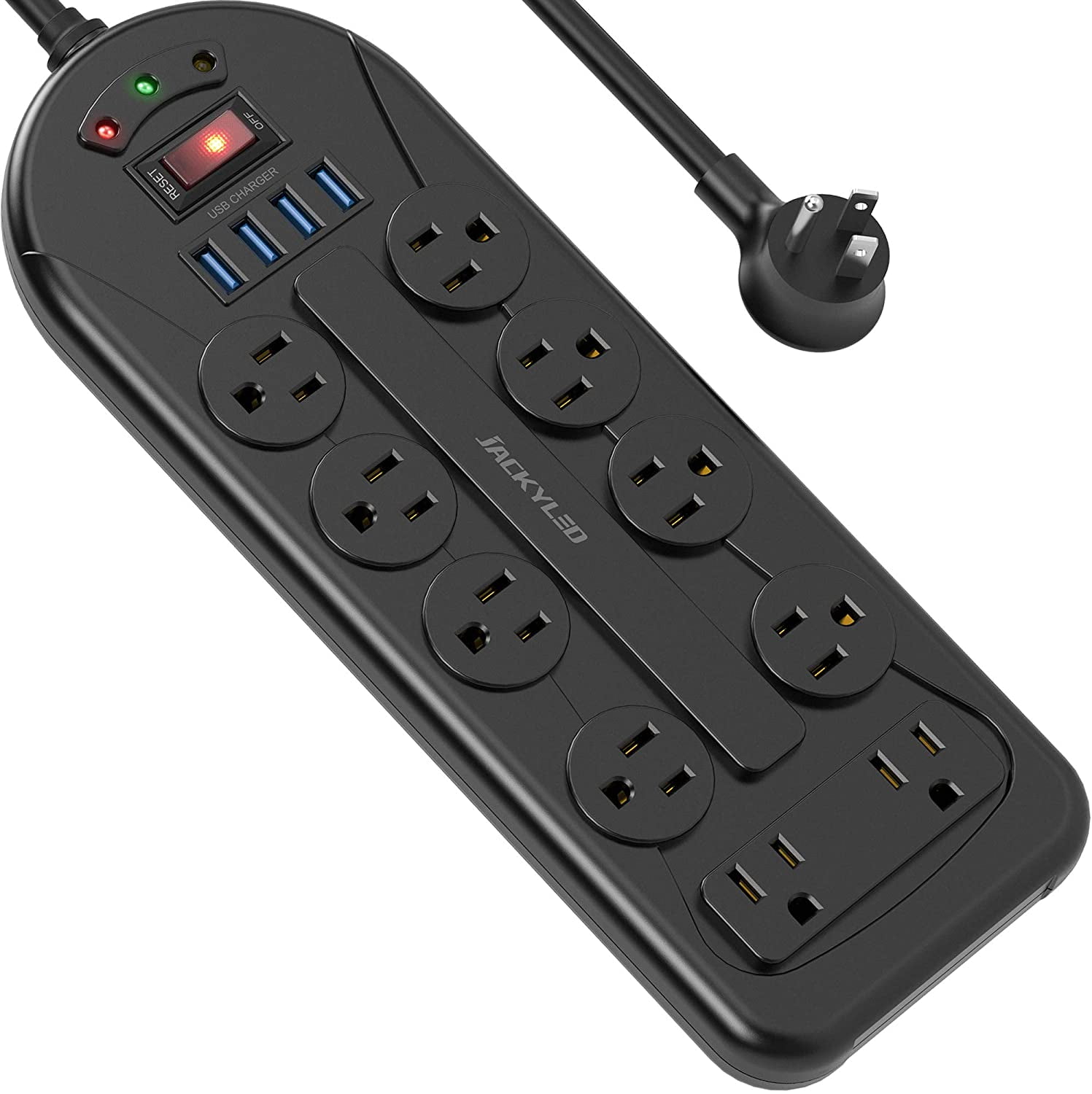 Wall Mountable Surge Protector Power Strip With 6 USB + Flat Plug Extension  Cord