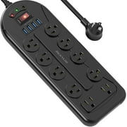 JACKYLED Surge Protector Power Strip 10 AC Outlet 4 USB Ports with Flat Plug 6ft Extension Cord
