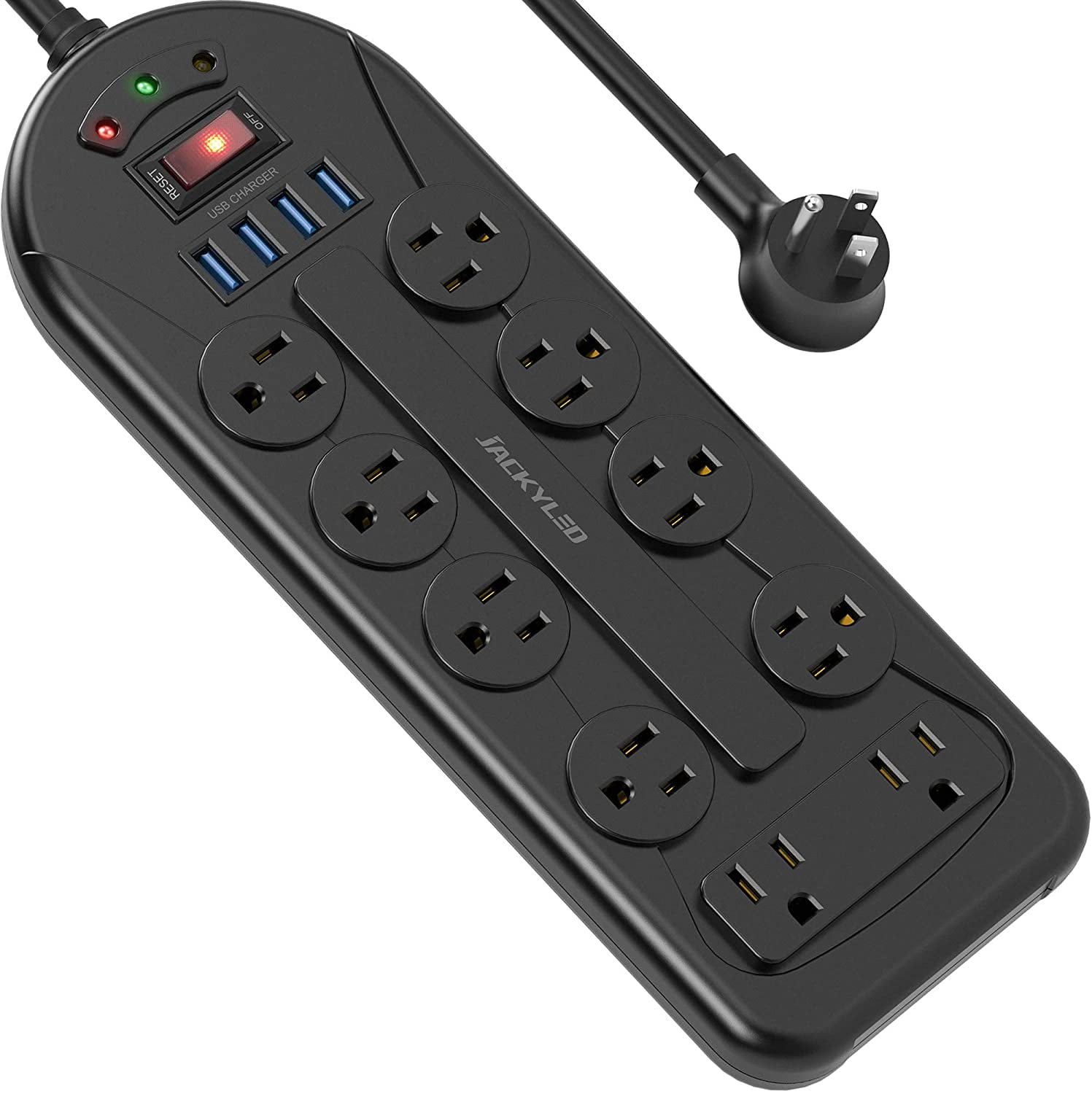 JACKYLED Surge Protector Power Strip 10 AC Outlet 4 USB Ports with Flat Plug 6ft Extension Cord