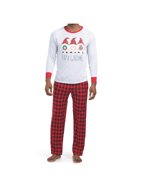 Men's Christmas 2pc Papa Gnome Buffalo Check Pajama Set (Gray, L)
