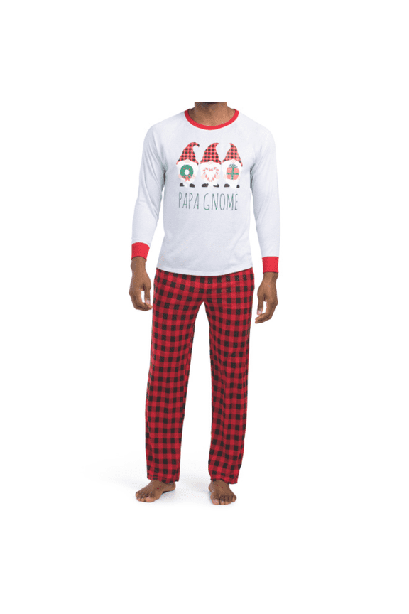 Men's Christmas 2pc Papa Gnome Buffalo Check Pajama Set (Gray, L)