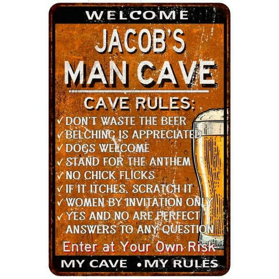 JACOB'S Man Cave Rules Rusty Sign Garage Decor 12 x 18 Matte Finish Metal 112180051177