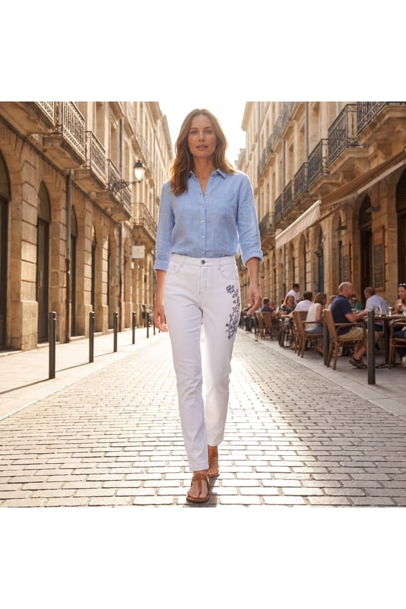 Women's Slim-Leg White Jeans with Emboidery
