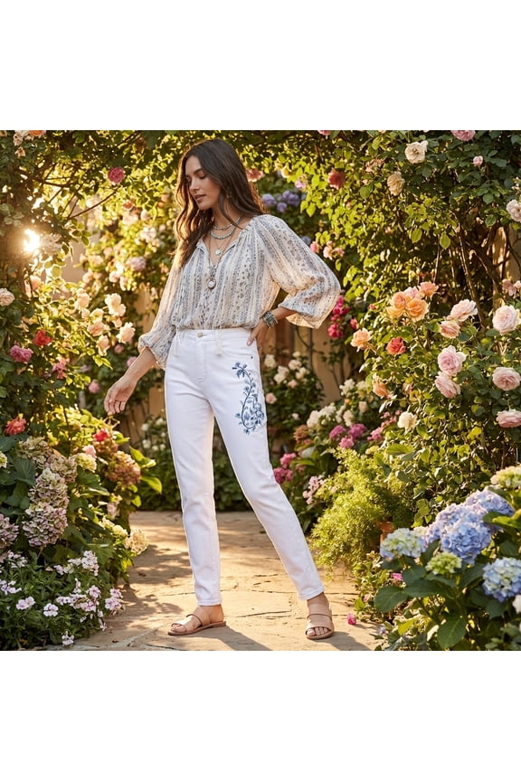 Women's Slim-Leg White Jeans with Emboidery