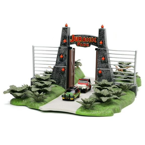 Jurassic Park 30th Anniversary Jurassic Gate Nano Scene Diorama w/ Two 1.65" Die-Cast Cars, Toys for Kids and Adults
