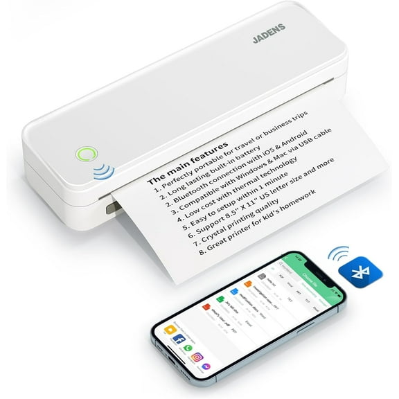 JADENS School Supplies Wireless Portable Printer for Travel, Bluetooth Thermal Printer, Compact Inkless Printer Compatible with Android, iOS and Laptop for Office Home, Support 8.5'' x 11'' US Letter