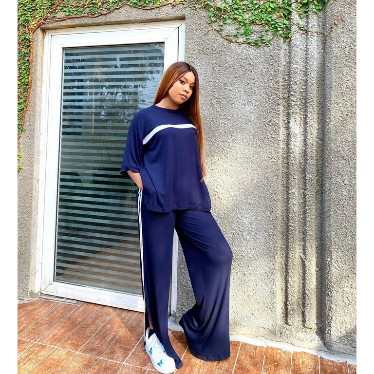 JAEDEN Women 2 Piece Outfits Daily Wear Solid Color Casual Sets Loose Fit Shirts Pants with Pockets Blue S
