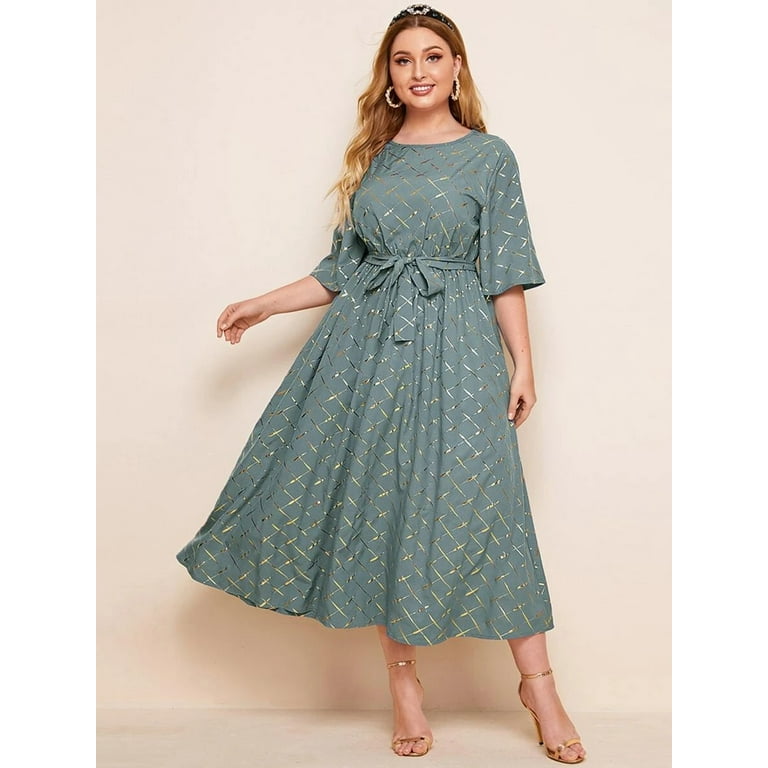 JAEDEN Women s Plus Size Dress Round Neck Gold Print Maxi Dress