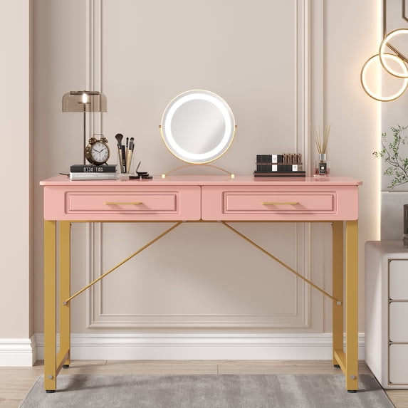 JAFUSI 39" Computer Desk with Drawers and Storage Shelf, Study and Work Desk for Bedroom Home Office, Pink