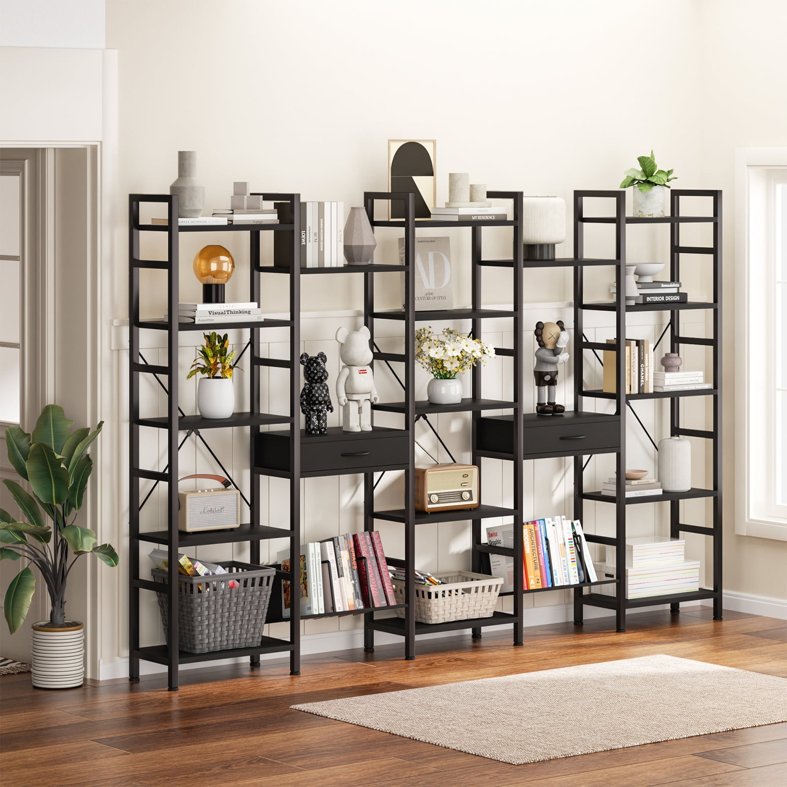 JAFUSI Bookcases and Bookshelves 5 Tier Industria 5 -Layer Wide ...