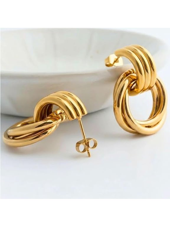 Double Interlocking Hoop Earrings for Women, Made in USA, 18K Gold PVD Plated 316L Surgical Stainless Steel, Hypoallergenic