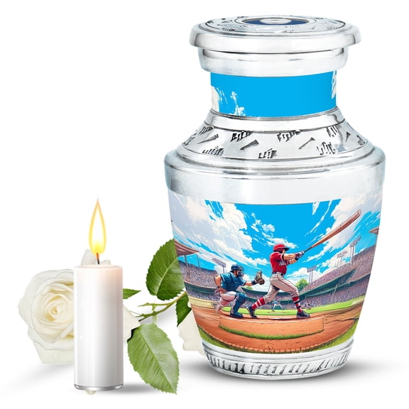 JAGASY Baseball Small Urn for Sister, Blue Urns for Human Ashes Keepsake, Blue Sky Clouds Baseball Stadium & Grassy Field Decorative Urns for Friends, Tiny Cremation Urn for Brother, (3 Inch)