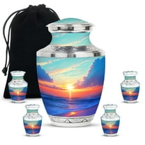 JAGASY Beach Burial Combo Urns Set, Green Keepsake Small Urns for Human Ashes, Ocean Sunset Orange Clouds Decorative Urn for Mother, Yellow Large Memorial Urn for Father, (1 Large, 10"; 4 Small, 3")