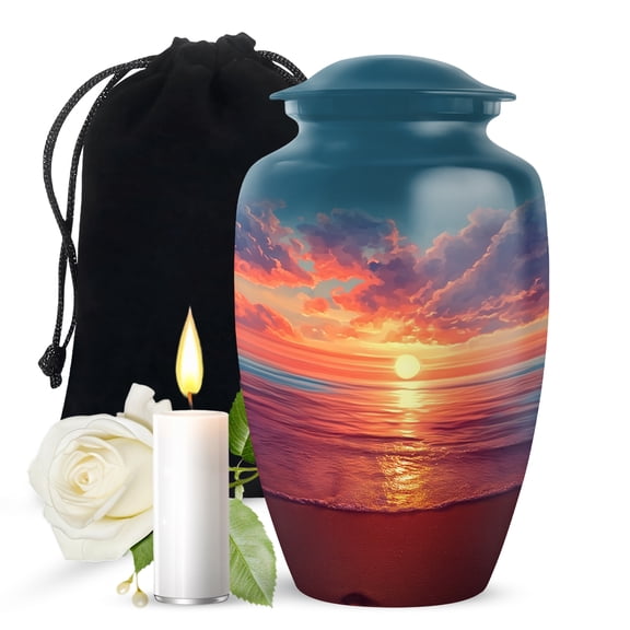 JAGASY Beach Funeral Urn for Daughter, Blue Large Urns for Human Ashes for Women, Ocean Sunset Orange Clouds Decorative Urns for Son, Yellow Memorial Urn for Children, (10 Inch)