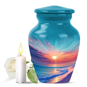 JAGASY Beach Small Urn for Ashes Adult Female, Teal Urns for Human Ashes Keepsake, Ocean Sunset Orange Blue Clouds Decorative Urns, Yellow Tiny Memorial Urn for Boys & Girls, (3 Inch)