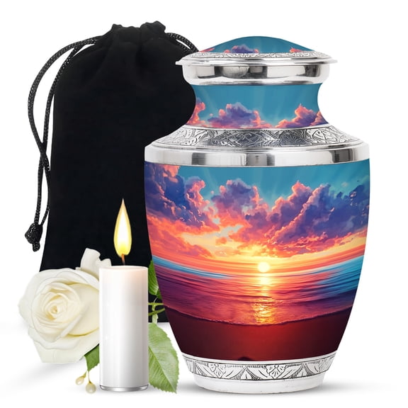JAGASY Beach Unique Urn for Daughter, Blue Large Urns for Human Ashes for Women, Ocean Sunset Orange Clouds Decorative Urns for Son, Yellow Handmade Urn for Children, (10 Inch)