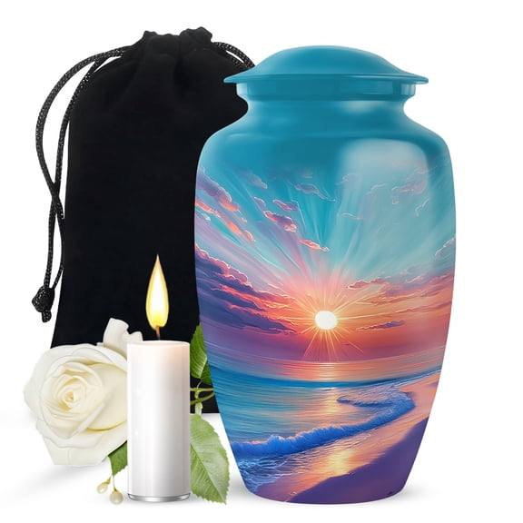 JAGASY Beach Urn for Ashes Adult Male & Female, Teal Large Urns for Human Ashes Keepsake, Ocean Sunset Orange Blue Clouds Decorative Urns, Yellow Handmade Urn for Boys & Girls, (10 Inch)
