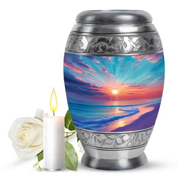 JAGASY Beach Urn for Ashes Adult Male & Female, Teal Large Urns for Human Ashes Keepsake for Women, Ocean Sunset Orange Clouds Decorative Urns, Yellow Handmade Funeral Urn for Boys & Girls, (10 Inch)