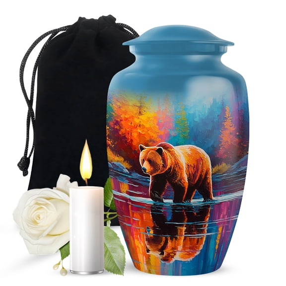 JAGASY Bear Cremation Urn for Daughter, Blue Large Urns for Human Ashes for Women, River Orange Yellow Trees Decorative Urns for Son, Handmade Burial Urn for Children, (10 Inch)