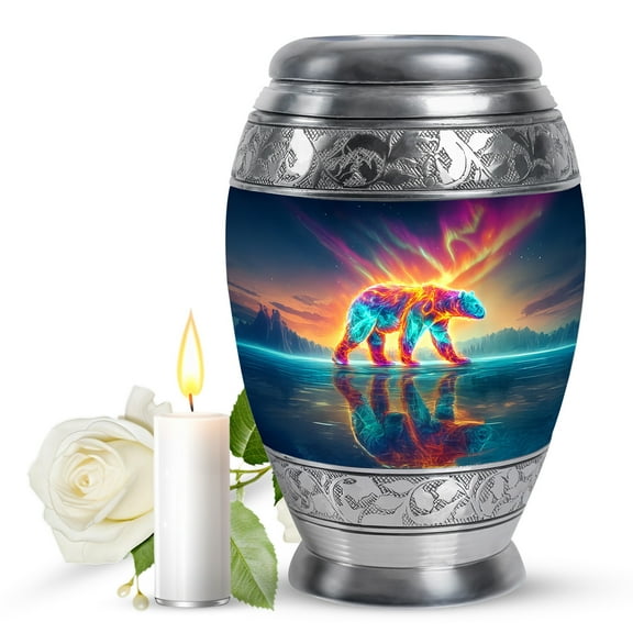 JAGASY Bear Memorial Large Urn for Father, Blue Urns for Human Ashes for Women, Polar Bear Northern Lights & Ice Mountain Decorative Urns for Parents, Cremation Urn for Mother, (10 Inch)