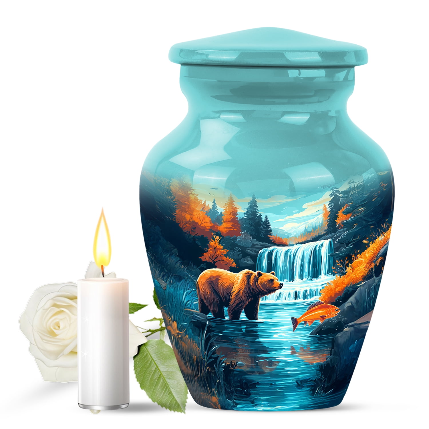 JAGASY Bear Miniature Small Urn for Mother, Blue Tiny Urns for Human Ashes Keepsake, River Trees & Blue Sky Decorative Urns for Parents, Mountain Memorial Urn for Father, (3 Inch)