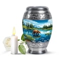 thumbnail image 1 of JAGASY Bear Small Cremation Urn for Sister, Blue Tiny Urns for Human Ashes Keepsake, River Trees Mountain & Blue Sky Decorative Urns for Siblings, Funeral Urn for Brother, (3 Inch), 1 of 7