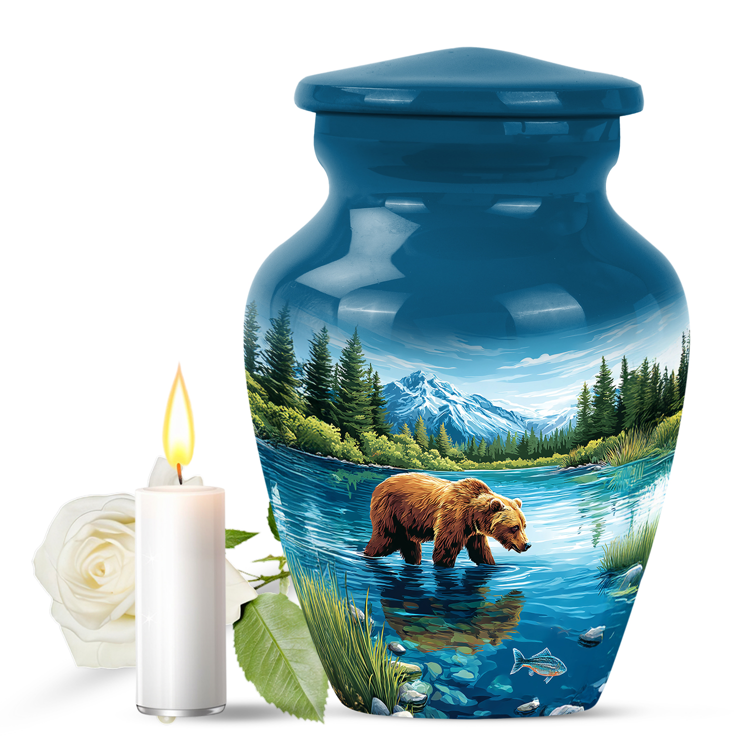 JAGASY Bear Small Urn for Sister, Blue Urn for Human Ashes Keepsake, River Trees Mountain & Blue Sky Decorative Urns for Siblings, Memorial Tiny Urns for Brother, (3 Inch)
