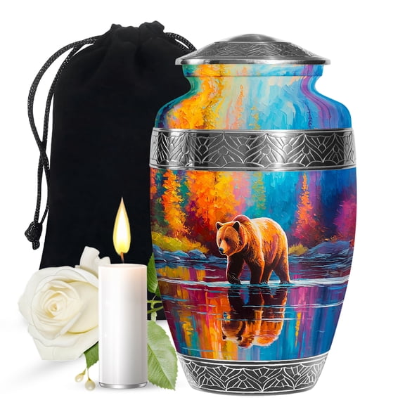 JAGASY Bear Unique Burial Urn for Son, Blue Large Urns for Human Ashes for Women, River Orange Yellow Trees Decorative Urns for Daughter, Funeral Cremation Urn for Children, (10 Inch)