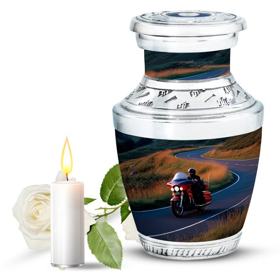 JAGASY Bike Handcrafted Mini Urn for Ashes for Women, Black Small Urn for Mom & Dad, Grassy Landscape & Road Decorative Urns for Human Ashes, Keepsake Cremation Urns for Couple, (3 Inch)