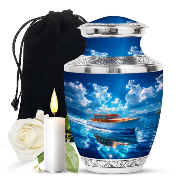 JAGASY Boat Memorial Large Urn for Ashes Adult Male & Female, Blue Urns for Human Ashes, Ocean & Blue Sky Clouds Decorative Urns for Couple, Burial Cremation Urn for Mom & Dad, (10 Inch)