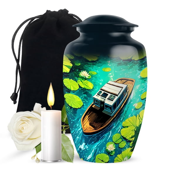 JAGASY Boat Memorial Urns for Human Ashes, Black Large Urn for Ashes Adult Male, White Lotus Decorative Urns for Sister, Handmade Cremation Urn for Brother, (10 Inch)