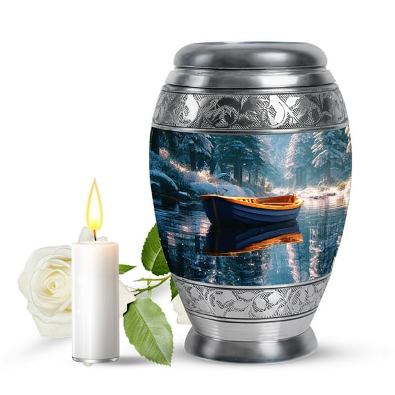 JAGASY Boat Small Keepsake Urn for Ashes Adult Male, Dark Green Urns for Human Ashes for Women, River & Forest Trees Decorative Urns for Mother, Funeral Cremation Urn for Father, (3 Inch)