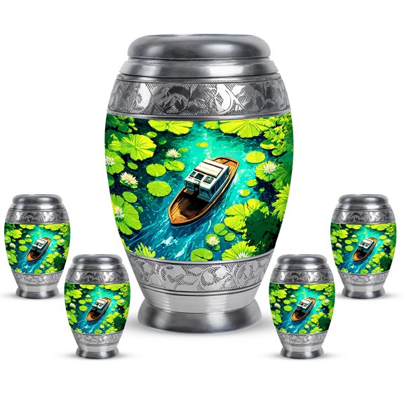 JAGASY Boat Small Urns for Human Ashes, Black Large Urn for Ashes Adult Male, White Lotus & Wooden Boat Decorative Urns for Siblings, Keepsake Combo Cremation Urn Set, (1 Large, 10" & 4 Small, 3")