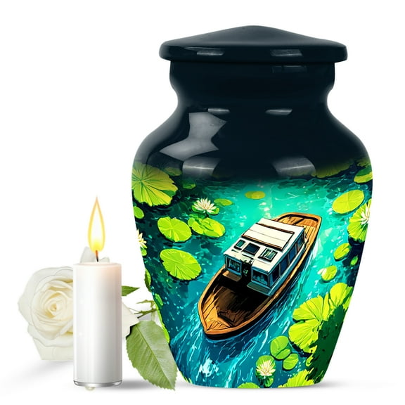 JAGASY Boat Small Urns for Human Ashes Keepsake, Black Urn for Ashes Adult Male, White Lotus & Wooden Boat Decorative Urns for Sister, Cremation Urn for Brother, (3 Inch)