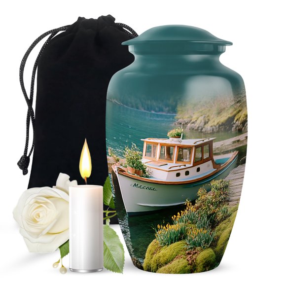 JAGASY Boat Urns for Human Ashes for Women, Green Large Urn for Ashes Adult Male, Lake & Wooden Boat Decorative Urns for Husband, Memorial Cremation Urn for Wife, (10 Inch)