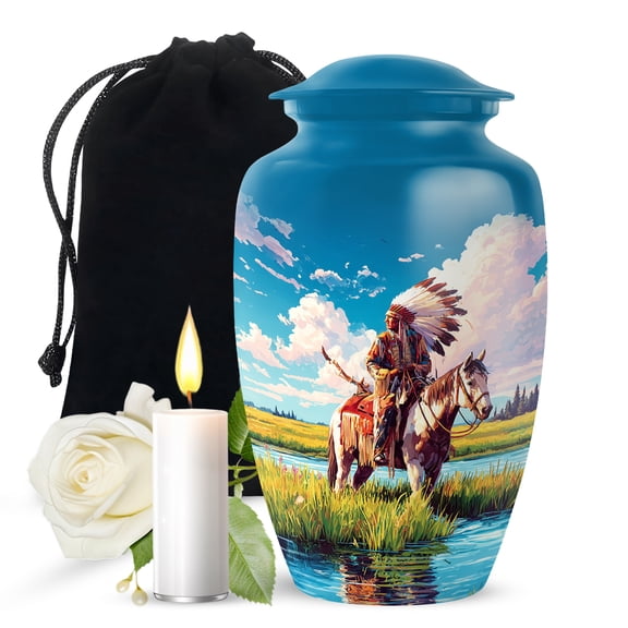 JAGASY Brave American Urns for Human Ashes, Blue Urn for Ashes Adult Male, Horse Riding & River Decorative Urn, Large Cremation Urns for Mother & Father, (10 Inch)