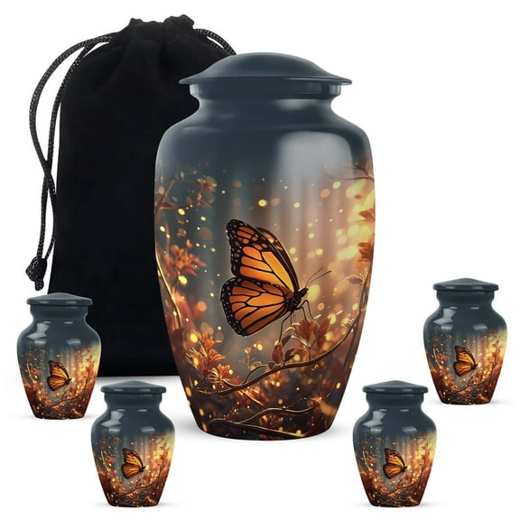 JAGASY Butterfly Urn for Ashes Adult Male & Female - Set of 5 Memorial Cremation Urns for Ashes - Orange Butterfly Funeral Small Urn for Women - Keepsake Urns for Human - (1 Large, 4 Small)