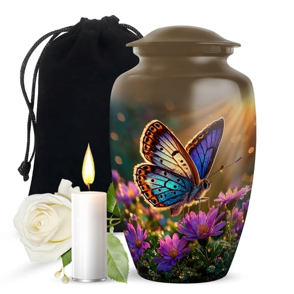 JAGASY Butterfly Urn for Men and Women Remains - Brown Urns for Mother & Father - Purple Flower Urns for Ashes for Adult - Large Funeral Urn for Burial - 10 Inch