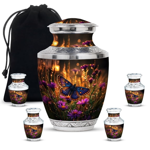 JAGASY Butterfly Urns for Adult Human Ashes - 10 Inch Brown Large Urn for Male - 3 Inch Little Floral Urns for Female Ashes - Small Keepsake Purple Flower Urn for Burial - (1 Large, 4 Mini)