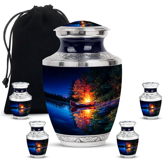 JAGASY Campfire Urn Set of 5, Dark Forest Small Urns for Human Ashes Keepsake, River Decorative Urns for Couple, Boat Large Urn for Mom & Dad, (1 Large, 10" & 4 Small, 3")