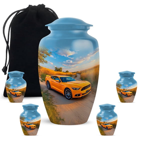 JAGASY Car Urns for Human Ashes Set of 5 – Combo of 5 with 10 Inch Classic Car Cremation Urn for Mom & Dad, & 3 Inch Sky Blue Mini 4 Keepsake Urns for Adult Male Funeral
