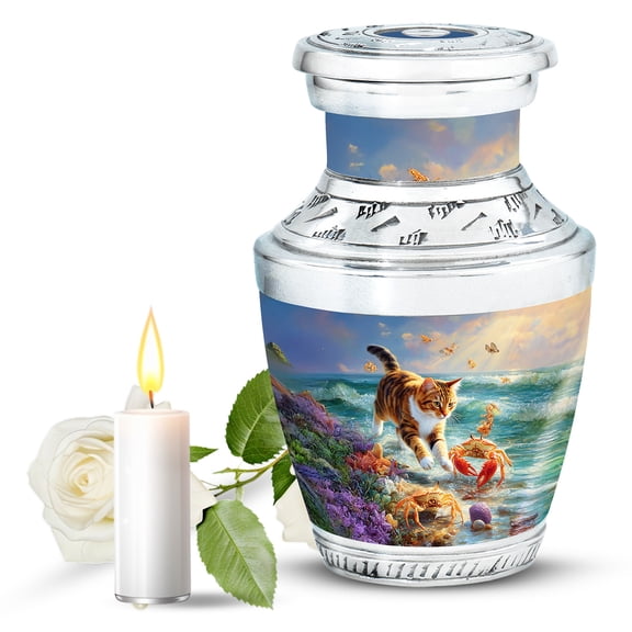 JAGASY Cat Cremation Urn for Ashes Adult Male, Blue Small Urns for Human Ashes Keepsake, Ocean Beach Water & Butterfly Crabs Decorative Urns for Companion, Memorial Mini Urn for Mom & Dad, (3 Inch)